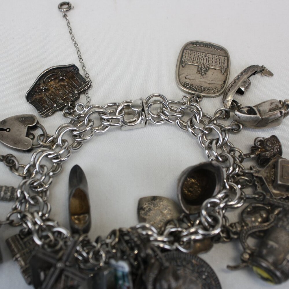 Vintage Elco Sterling Silver 8" Charm Bracelet Heart Safetyclasp 26 charms